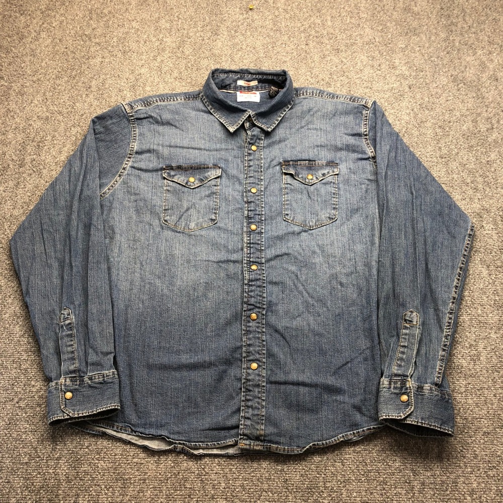 Wrangler Indigo Mens XL Denim Button Down Western Shirt Medium Wash Blue 6075